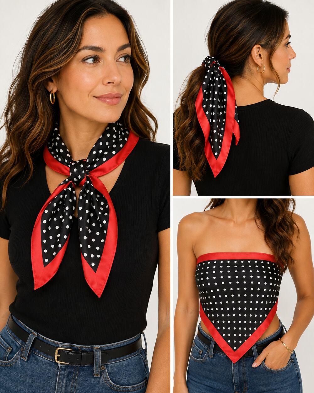 Black White Polka Dot Square Scarf Red Border Retro Pinup 26x28